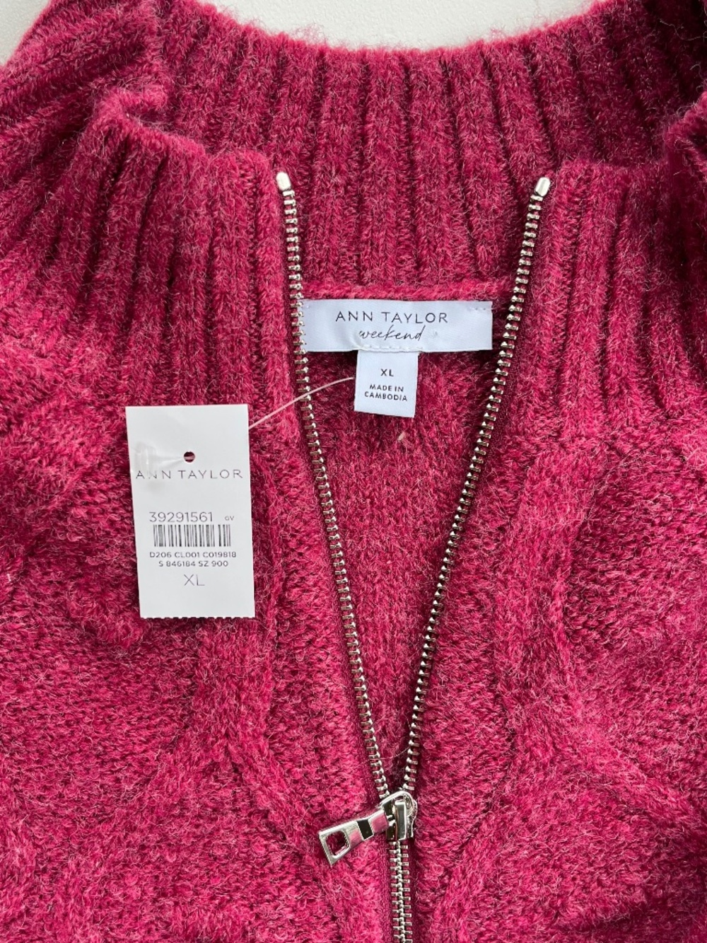 Ann Taylor Weekend Cable Bomber Sweater Jacket sz XL pink/raspberry zip front - Picture 2 of 6